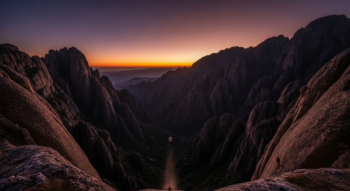 A wide shot captures rugged mountains in Cordoba Province, Argentina, at dusk, where a single pebble dislodges from a distant cliff, subtly illustrating the moderate magnitude 4.8 deep earthquake that occurred on December 21, 2025, with its epicenter 110 km northwest of Villa Carlos Paz, which was not widely felt.