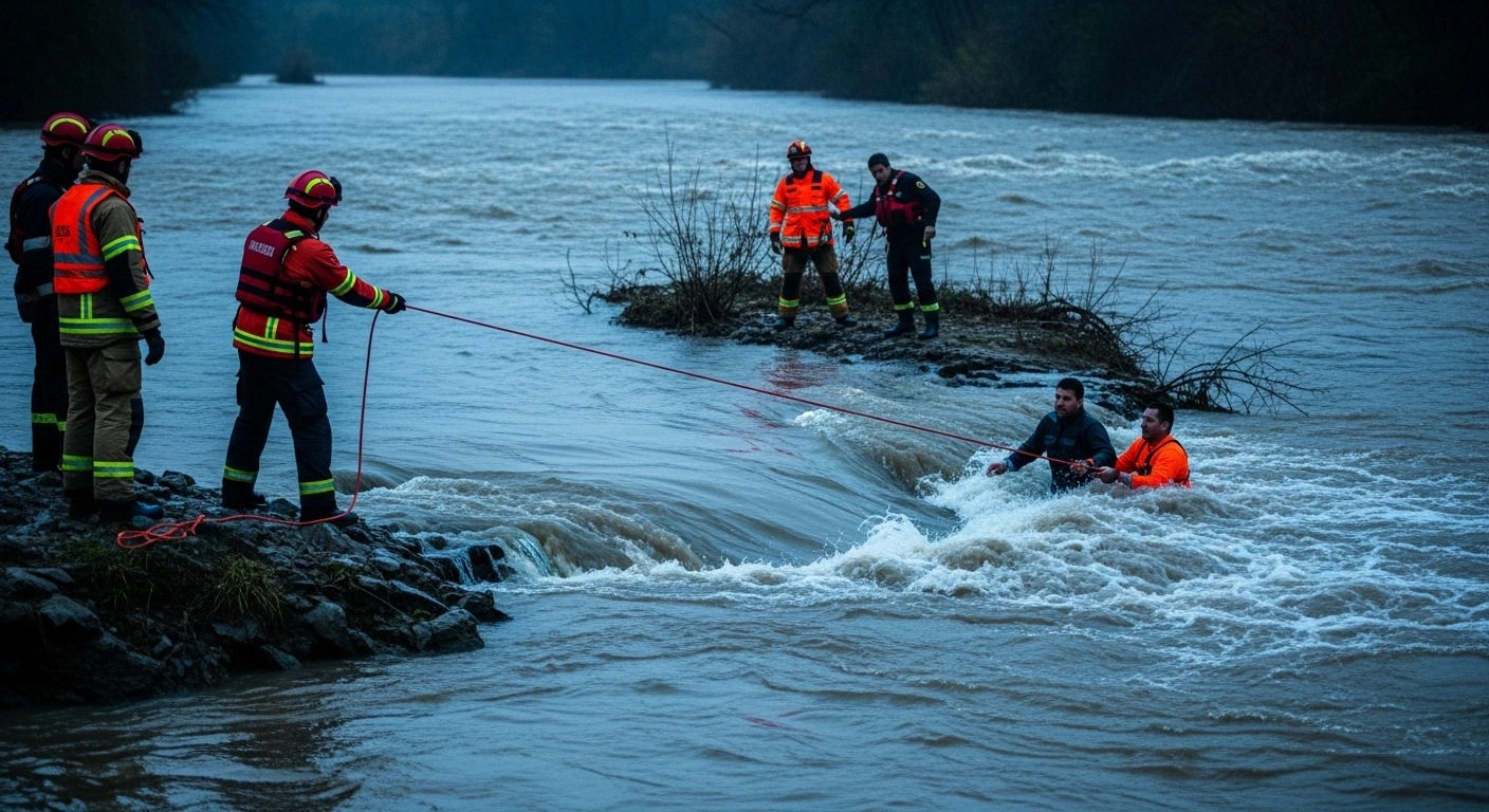 Emergency rescue teams in Córdoba, Argentina, pull two men to safety from the rapidly rising waters of the Suquía River.