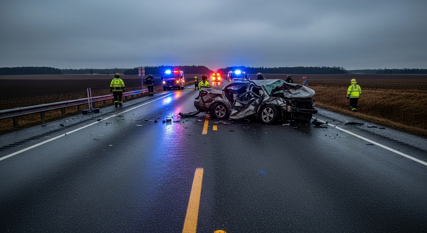 Emergency responders work at the scene of a fatal head-on vehicle collision on Route 158 in Córdoba, Argentina.