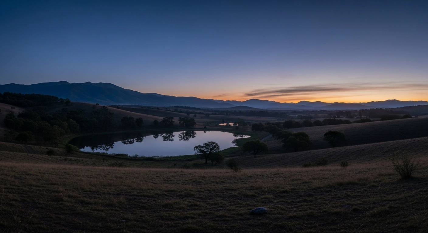 A wide-angle, pre-dawn landscape shot of Cordoba Province, Argentina, featuring tranquil rolling hills, ancient trees, and a calm body of water under an indigo sky, visually representing a deep-focus magnitude 4.8 earthquake that occurred unfelt and without damage.