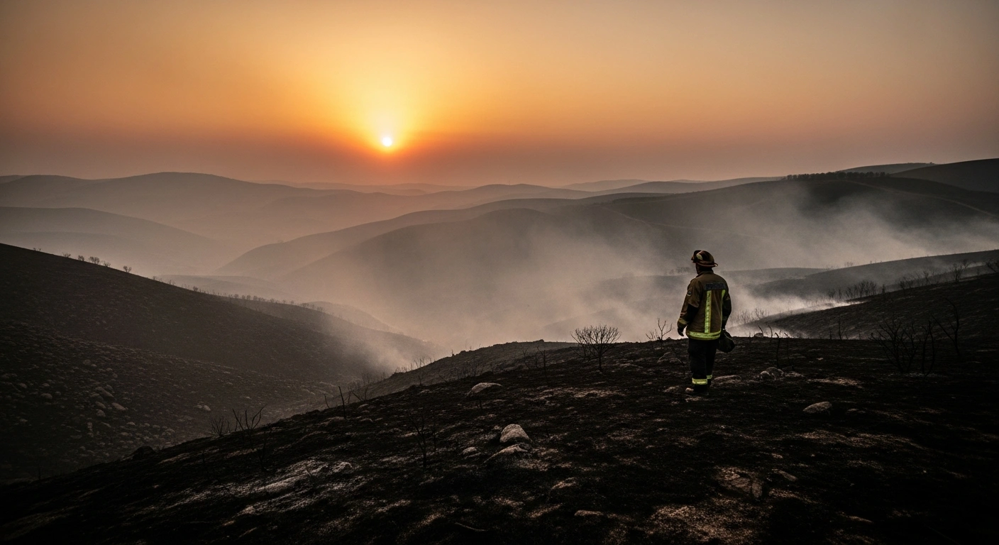 An exhausted firefighter surveys a smoldering, charred landscape in the Córdoba region of Argentina following the containment of wildfires.