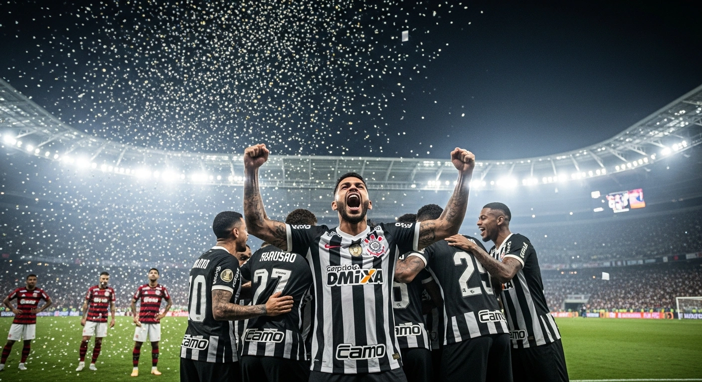 Corinthians players celebrate their 2-0 victory over Flamengo at Estádio Mané Garrincha, securing their second Supercopa do Brasil title with goals from Gabriel Paulista and Yuri Alberto.