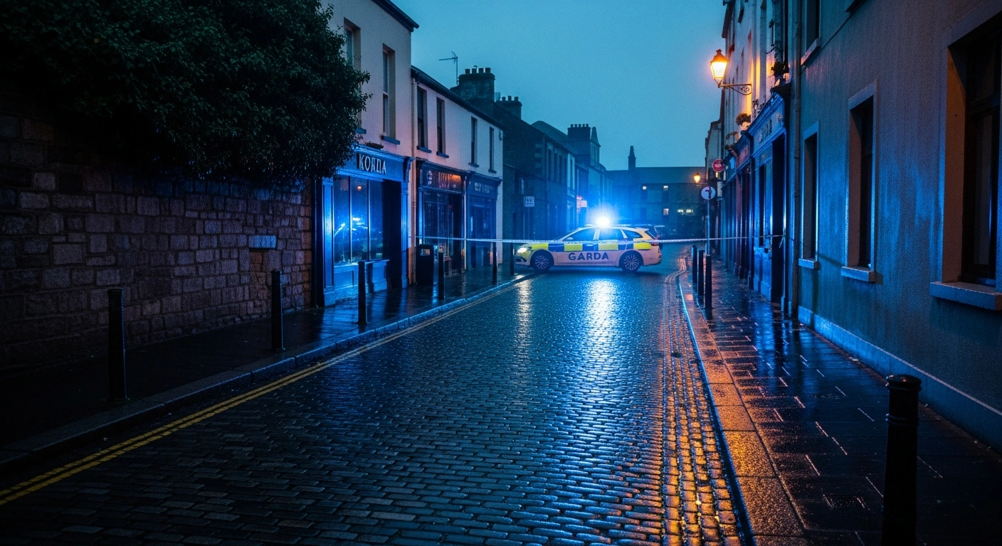 A police car with flashing lights sits on a dark, wet street in Cork city center where a serious assault investigation is underway.