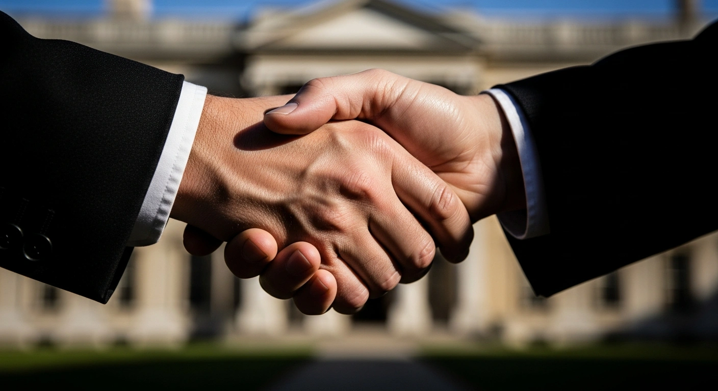 A close-up, low-angle shot of two hands, one weathered and one smoother, clasped in a firm handshake, symbolizing a significant settlement between Cornell University and the Trump administration over federal research funding and civil rights.