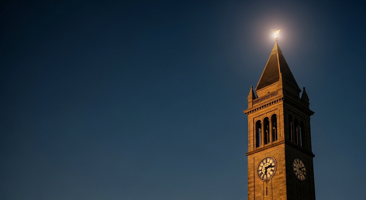 The iconic clock tower of Cornell University is illuminated by golden hour light against a deep blue sky, symbolizing its recognition as a top institution, ranking 16th globally and 12th nationally in the U.S. News & World Report rankings.