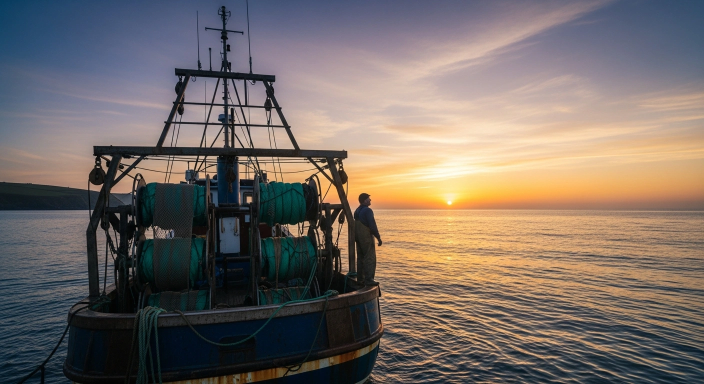 A weathered Cornish fishing trawler, with a lone fisherman gazing at a golden sunrise, symbolizes the future-proofing of the region's vital seafood sector through investment from the UK Government's Fishing and Coastal Growth Fund, supported by the Cornish Fish Producers Organisation's pilot program.