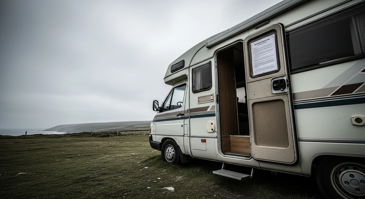A weathered camper van parked on a rural field in Cornwall displays an official planning infringement notice from the local council.