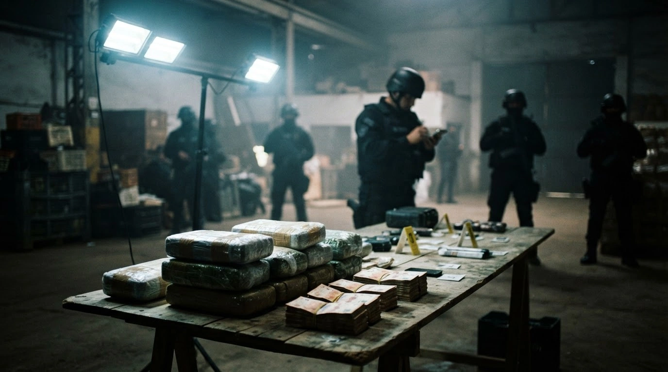 Security forces in Corrientes, Argentina, display seized cocaine, marijuana, and cash following a successful drug trafficking raid.