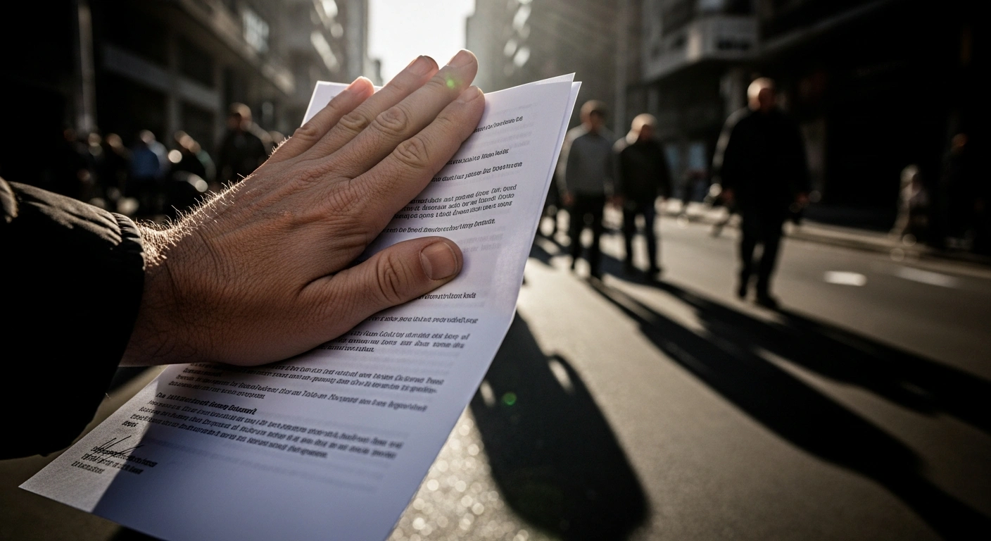 A weathered hand firmly pushes away a crisp, official document, set against a blurred background of a struggling city street under a harsh midday sun, representing the rejection of a proposed salary increase for South African politicians and officials by COSATU.