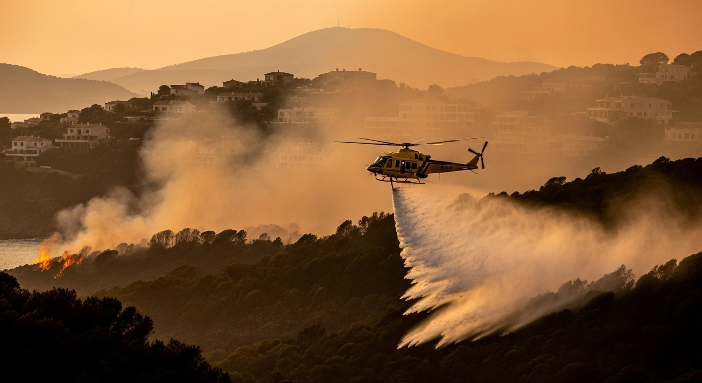 A firefighting helicopter drops water on a wildfire near the Costa Brava coast in Spain while emergency crews work to contain the blaze.