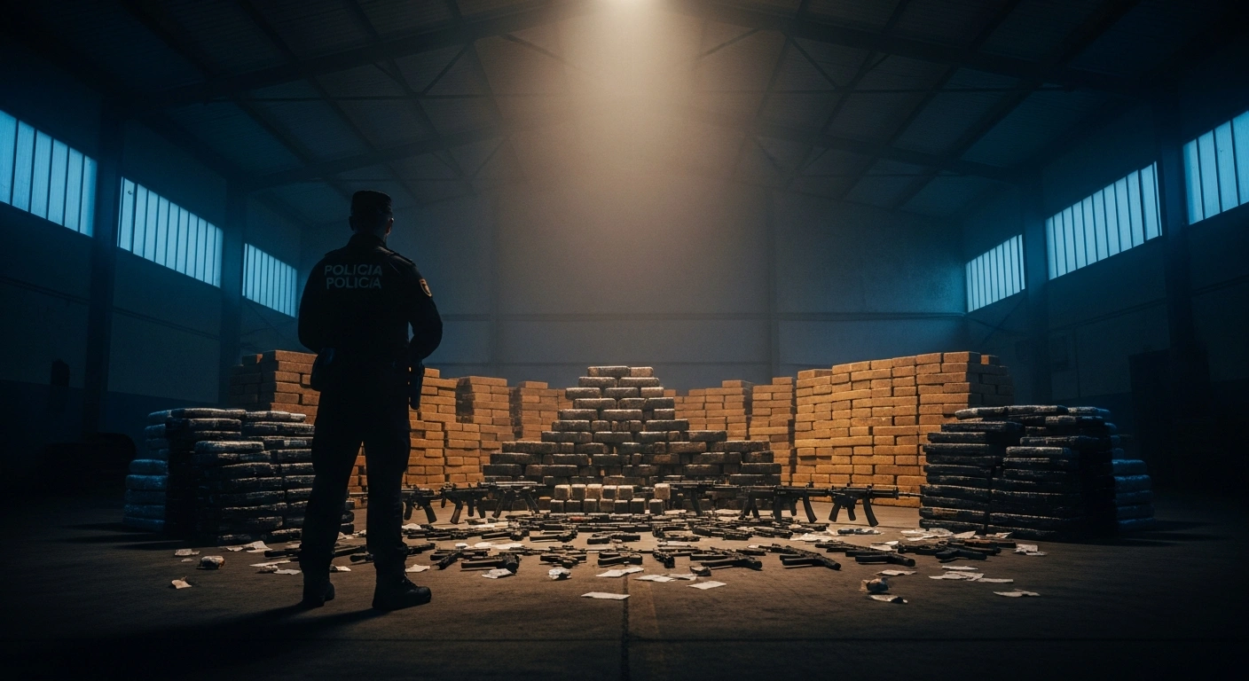 A dramatic low-angle shot inside a dimly lit warehouse shows a Spanish police officer silhouetted against large stacks of seized drugs, firearms, and cash, symbolizing the dismantling of a French-led 'super-mafia' and other criminal organizations on the Costa del Sol.