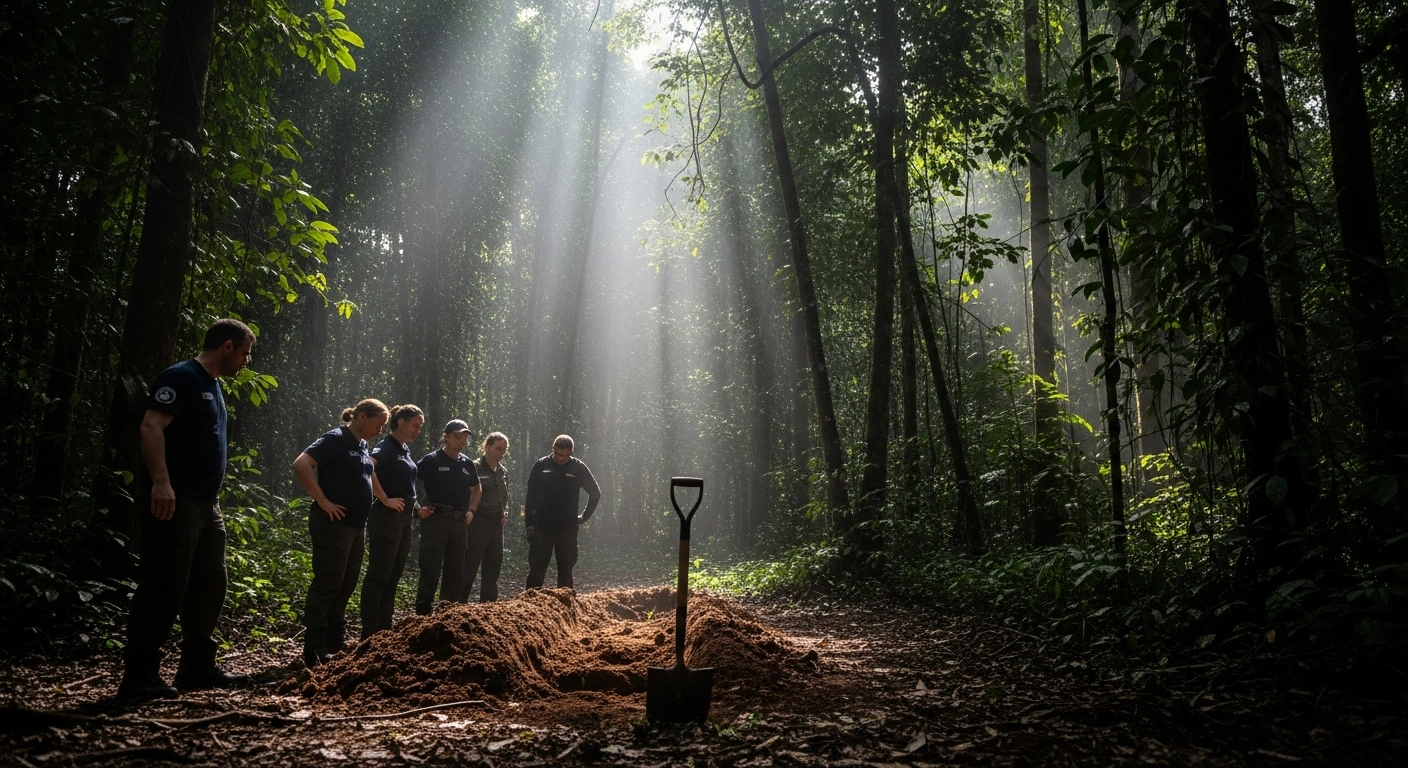 A group of Judicial Investigation Agency (OIJ) investigators stands in a humid Costa Rican jungle at dawn, gathered around a freshly disturbed patch of earth with a shovel, investigating the discovery of buried bodies on a property in Quepos, Puntarenas, following the murder of a German man and an Austrian woman, for which three individuals were arrested.
