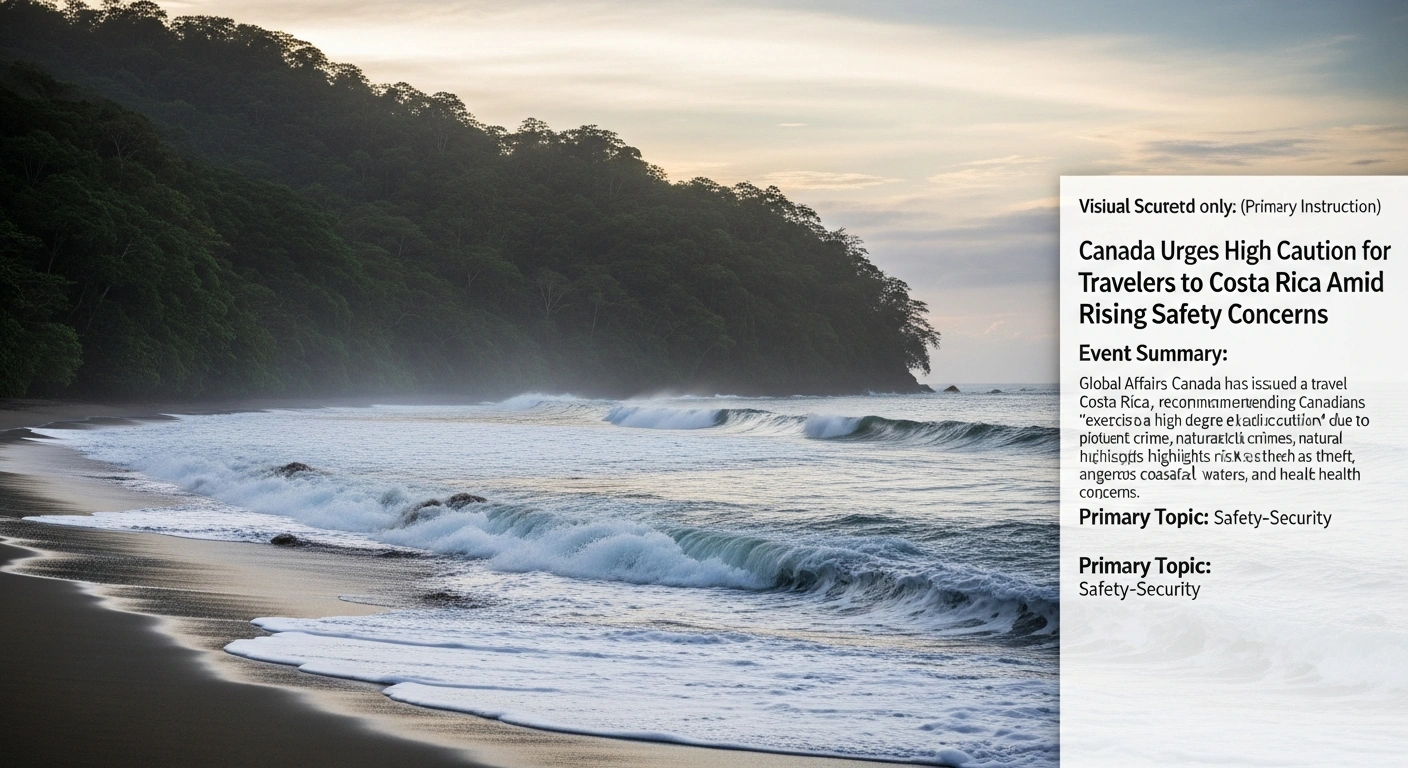 A wide, cinematic shot of a Costa Rican beach at twilight, featuring long shadows from dense jungle and turbulent waves crashing on deserted sand, conveying a sense of foreboding and unseen perils, reflecting Global Affairs Canada's travel advisory for Costa Rica due to crime, natural hazards, and dangerous coastal waters.