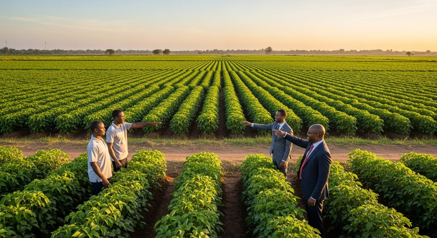 A wide-angle shot at golden hour shows vast, lush agricultural fields in Côte d'Ivoire, with thriving crops and a small group of people, including a farmer and a business-suited figure, observing the harvest, symbolizing the nation's economic recovery and resilience as reviewed by the IMF.