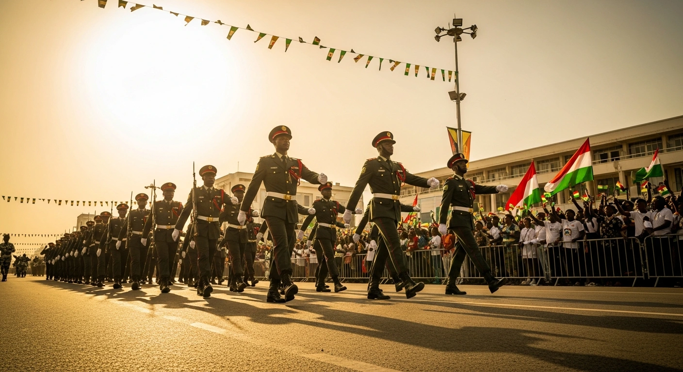 Soldiers march in a military parade during the 66th independence anniversary celebrations in the Yopougon district of Abidjan, Côte d'Ivoire.