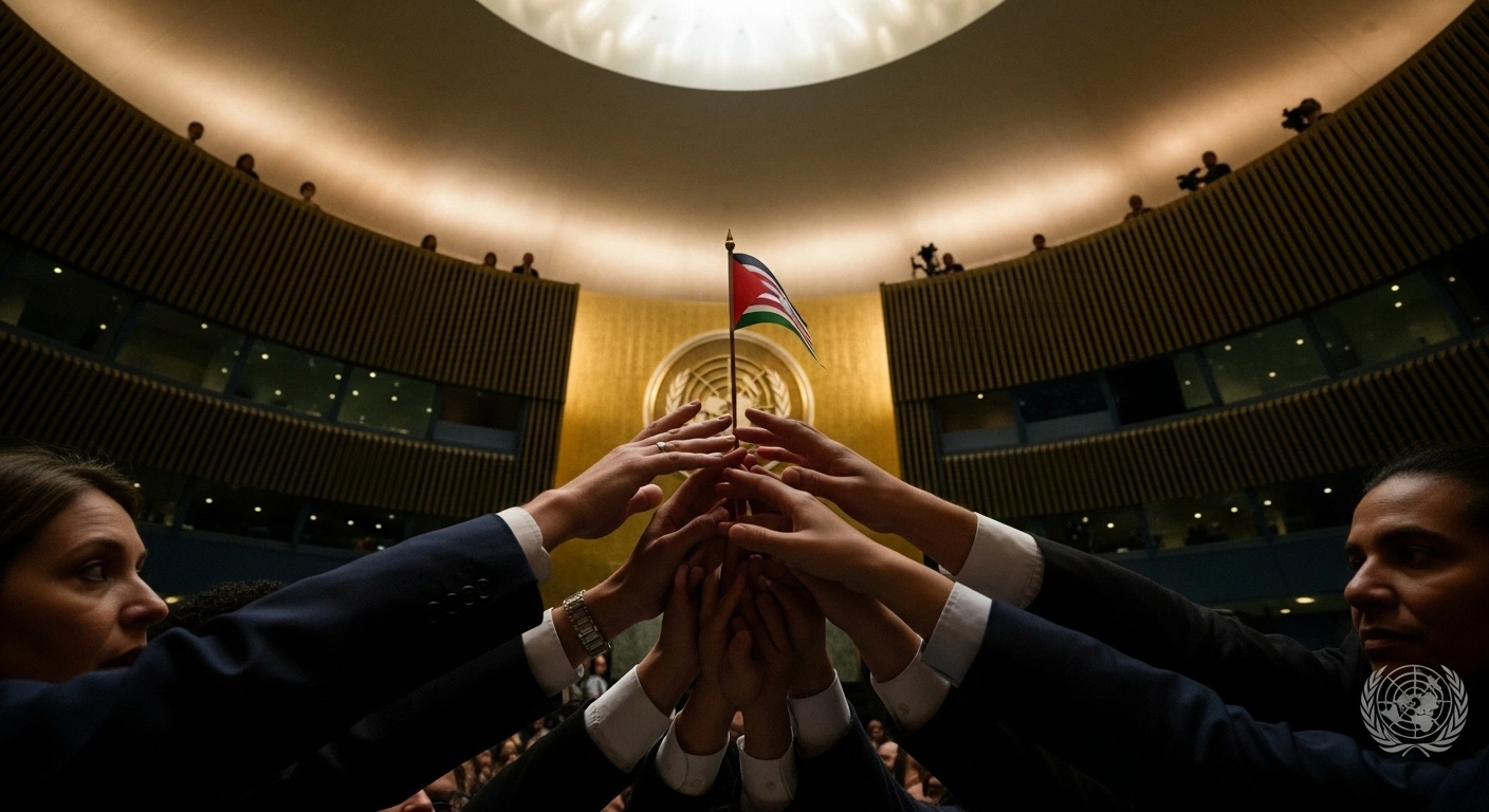 A low-angle, wide shot inside the United Nations General Assembly hall depicts a diverse group of hands reaching towards a symbolic document or flag, representing the formal recognition of an independent Palestinian state by ten countries, including Australia, Belgium, Britain, Canada, and France, at a New York summit.