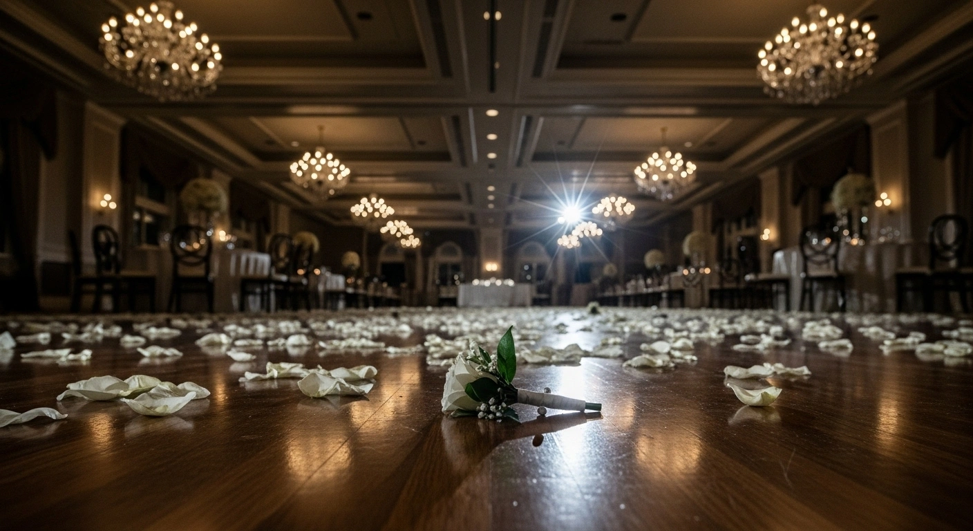 A wide, low-angle shot captures the disarray of a grand ballroom at Sky Meadow Country Club in Nashua, New Hampshire, with overturned tables, scattered white rose petals, and a discarded boutonnière on the polished floor, under diffused light from shattered chandeliers, depicting the somber aftermath of a fatal shooting at a wedding reception where a man died protecting his family.