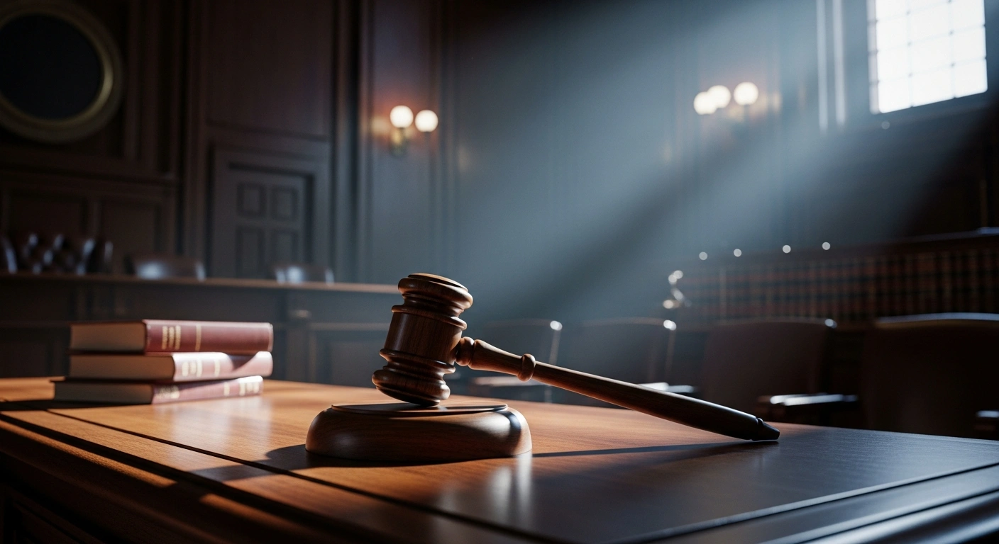A wooden judge's gavel rests on a courtroom bench, representing a legal challenge regarding congressional salary adjustments and the 27th Amendment.