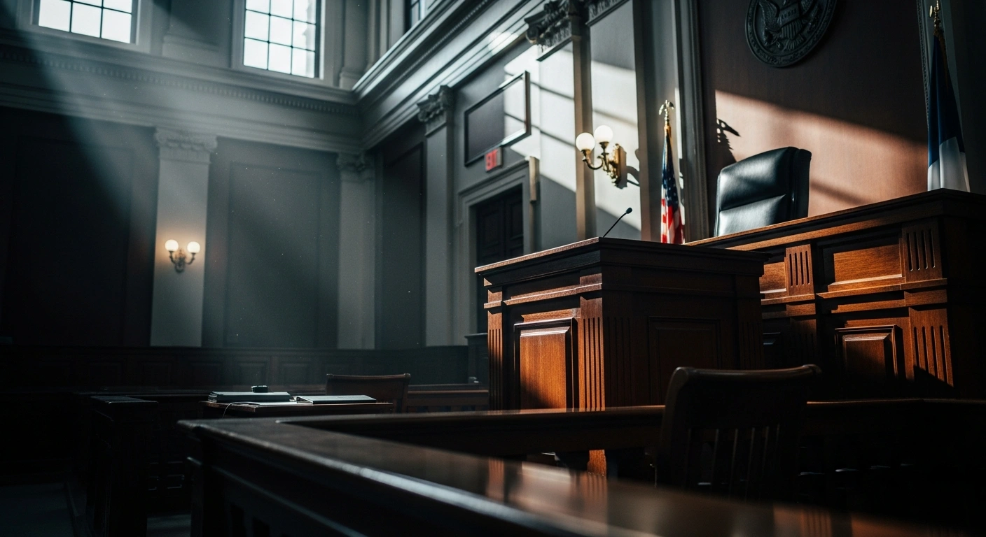 A courtroom interior represents the U.S. District Court ruling that upholds state authority over election administration.
