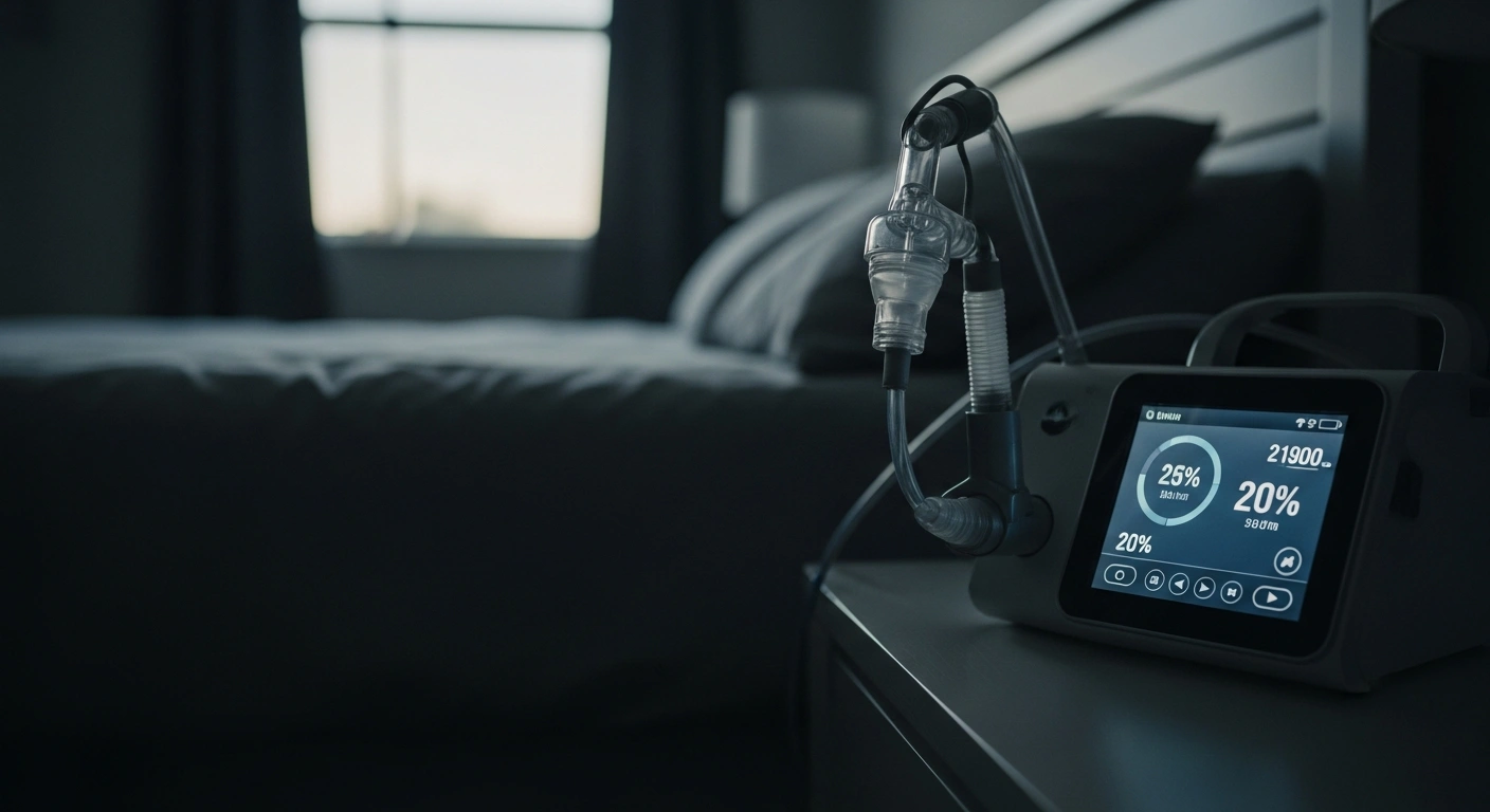 A modern CPAP machine for sleep apnea treatment sits on a bedside table, highlighting the digital data tracking used for French healthcare reimbursement guidelines.