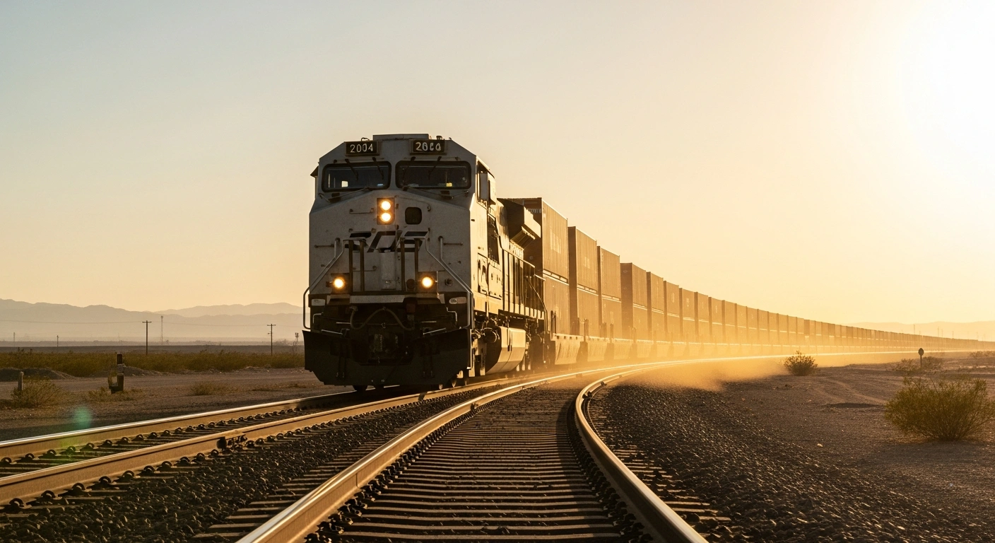 A freight train carrying intermodal containers travels through a desert landscape as part of the CPKC and CSX Southeast Mexico Express service.