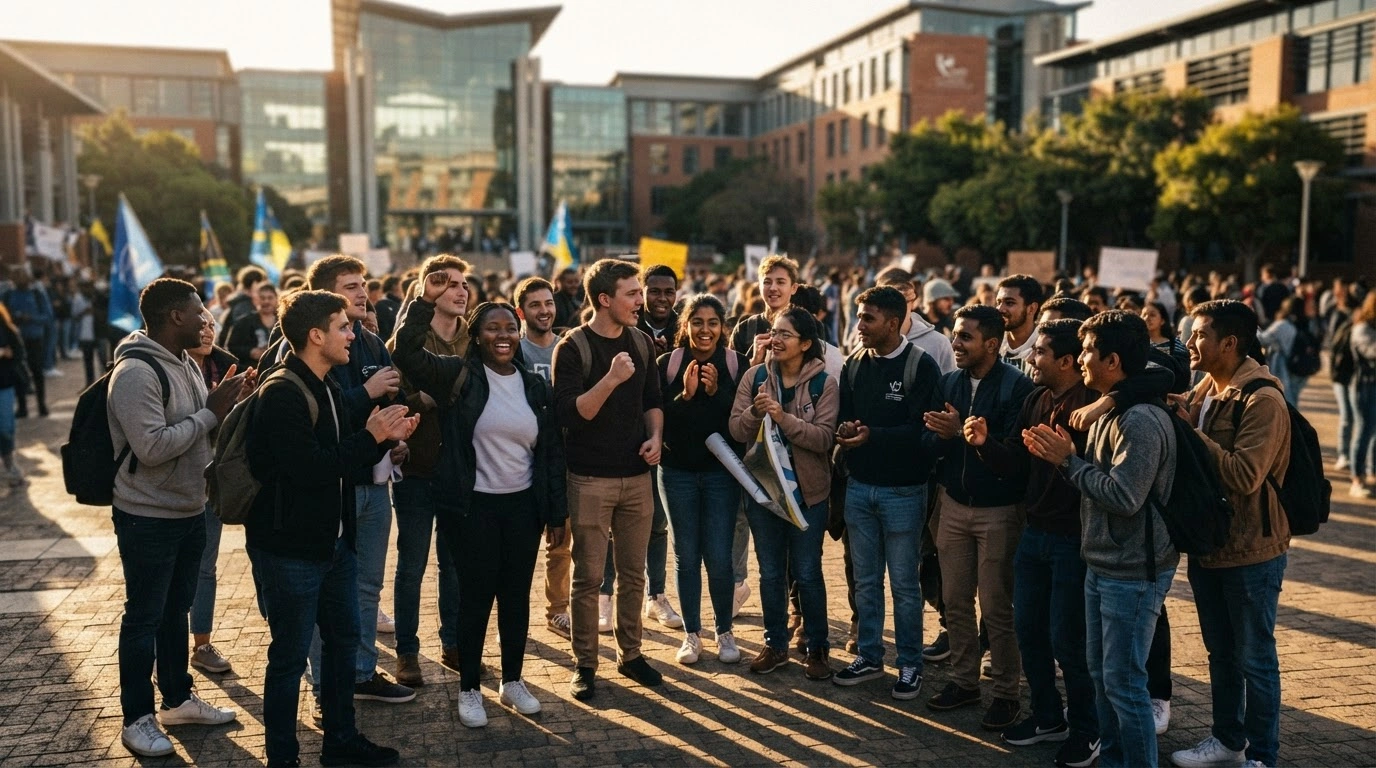 A group of students stands in a university courtyard to protest the Cape Peninsula University of Technology financial recovery plan.