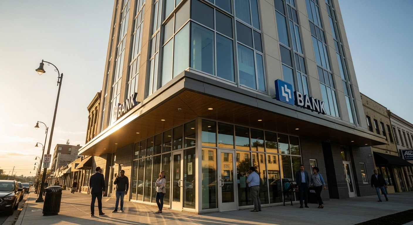 A modern bank building stands in a revitalizing urban neighborhood as part of the 2026 Community Reinvestment Act geography updates.