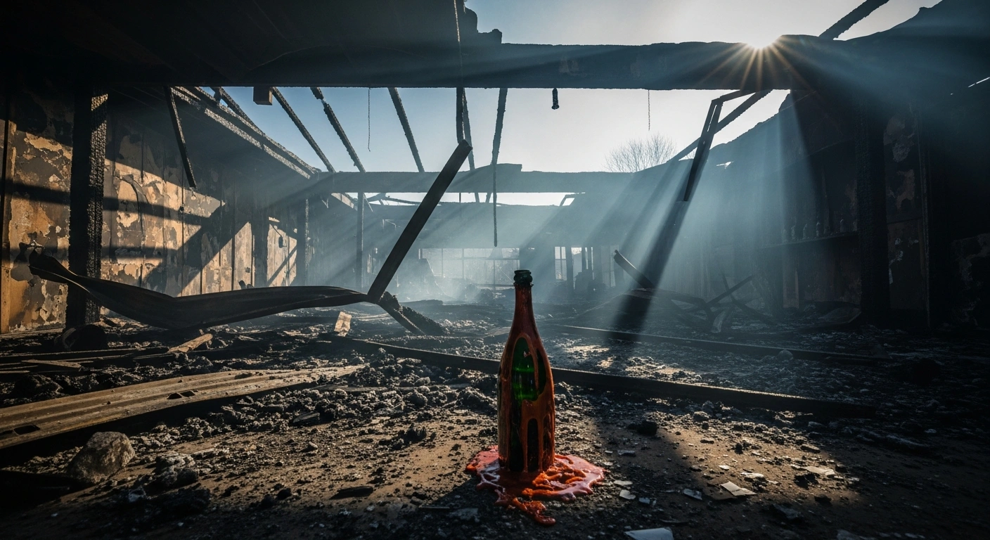 A wide, low-angle shot captures the charred and smoke-filled remains of a bar in Crans-Montana, Switzerland, at dawn on New Year's Day, with a melted champagne bottle amidst the debris, symbolizing the devastating fire that caused numerous casualties.