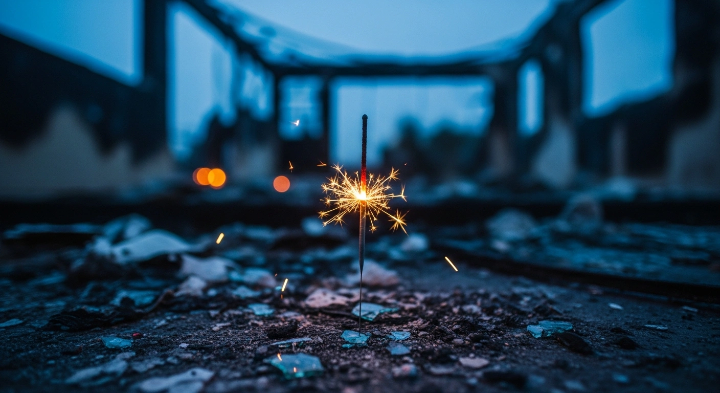 A close-up view of a half-burnt sparkler lying among charred debris and broken glass, with the blurred, glowing ruins of Le Constellation bar in Crans-Montana, Switzerland, in the background, depicting the aftermath of the New Year's Eve fire that left 40 dead and 119 injured, and Charlotte Niddam missing.