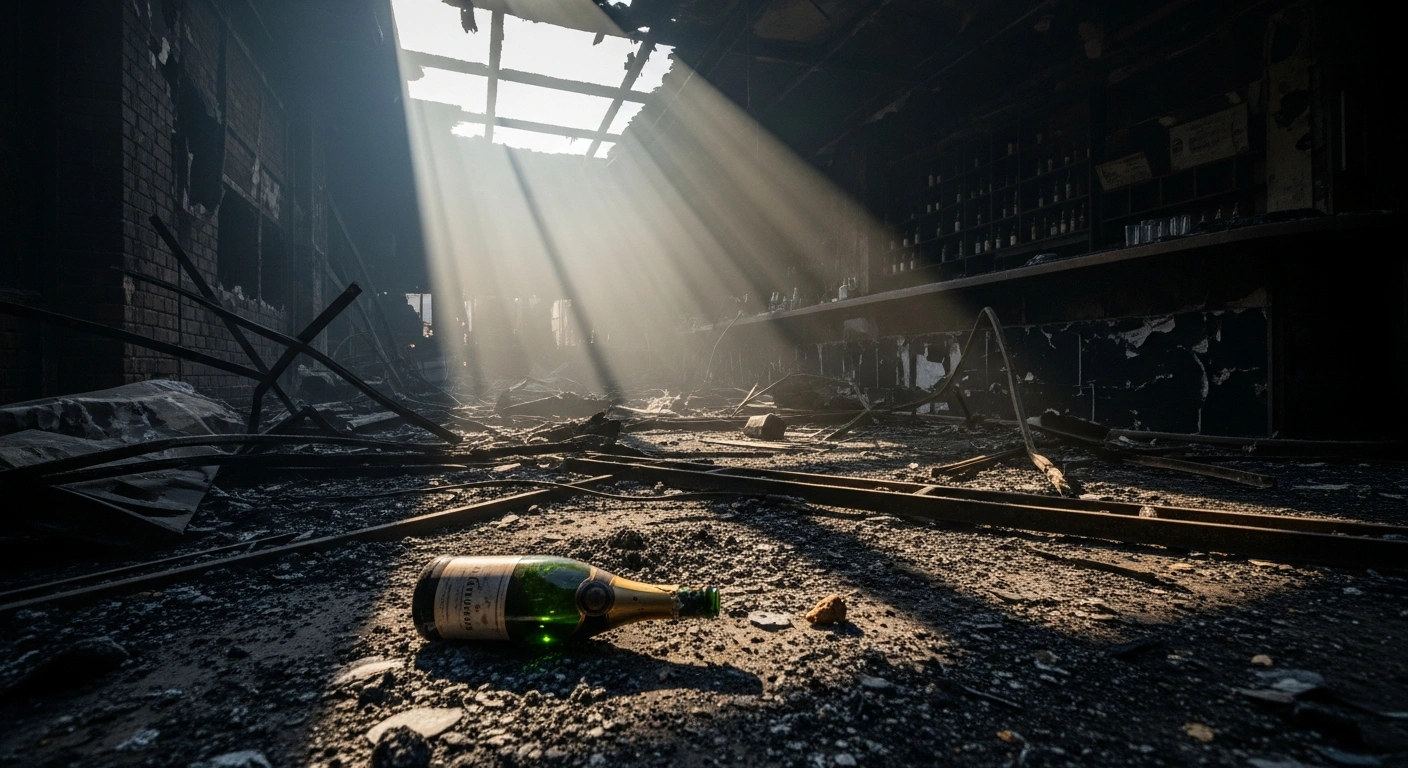 A wide, low-angle view captures the charred interior of a bar in Crans-Montana, Switzerland, after a devastating New Year's Eve fire, with a melted champagne bottle amidst the debris, indicative of the sparkler-induced blaze under criminal investigation.