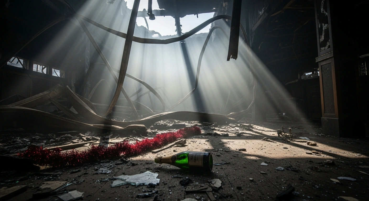 The charred interior of Le Constellation bar in Crans-Montana, Switzerland, is depicted the morning after a devastating New Year's Eve fire, believed to be caused by champagne bottle pyrotechnics, which resulted in numerous deaths and injuries.