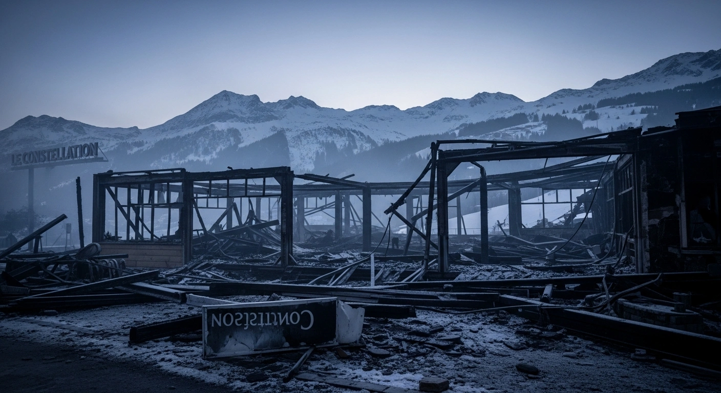 A wide, elevated view at pre-dawn shows the charred, skeletal remains of Le Constellation bar in Crans-Montana, Switzerland, with snow-dusted Swiss Alps in the background, depicting the devastating New Year's Day fire that resulted in 41 deaths and 116 injuries.