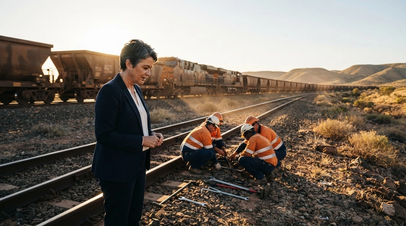 South African Transport Minister Barbara Creecy inspects the Iron Ore Line during a maintenance shutdown to evaluate rail infrastructure and logistics efficiency in the Northern Cape.