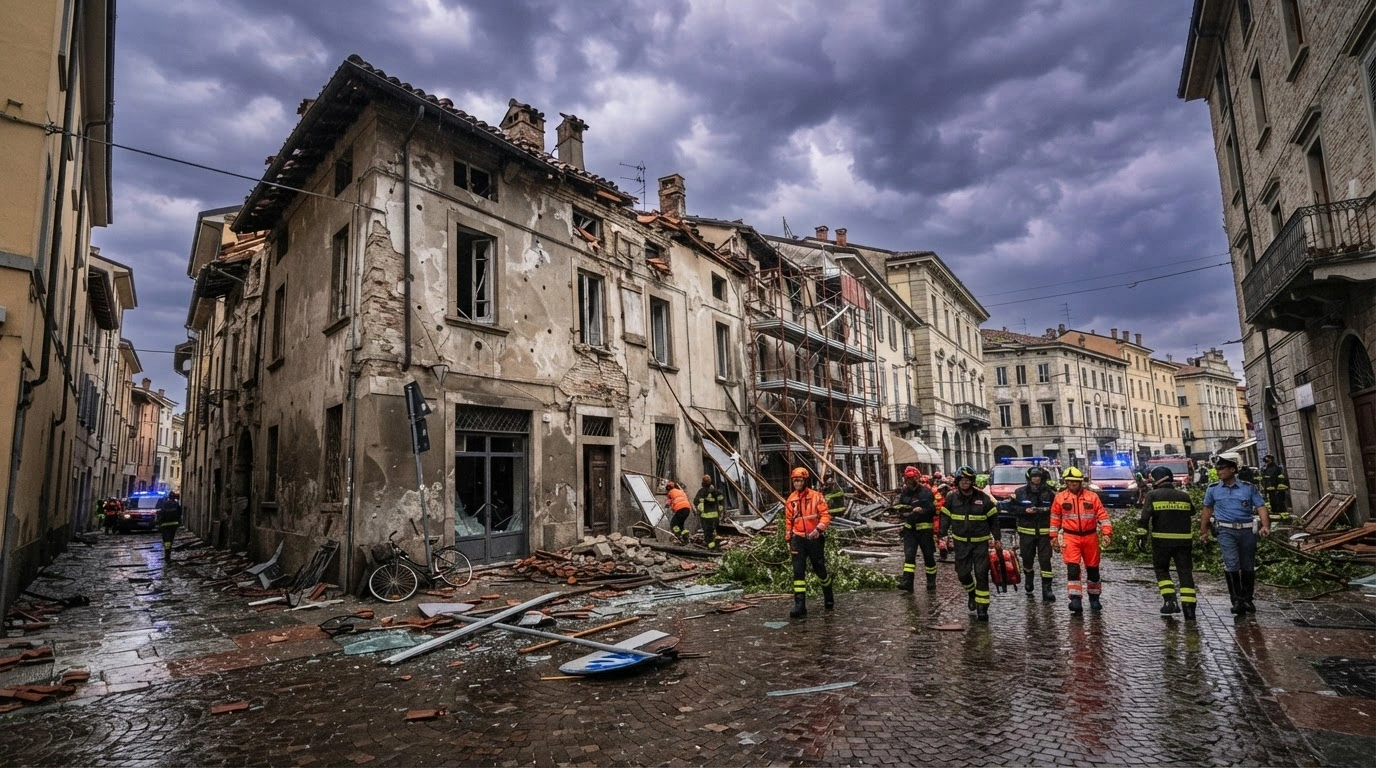Emergency responders survey the wreckage of damaged buildings and debris in Cremona, Italy, following a powerful tornado that caused widespread destruction and injuries.