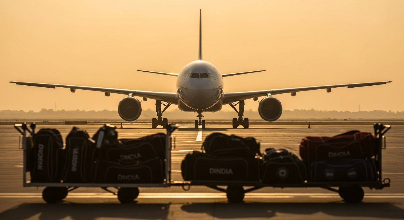 A commercial airplane prepares for departure at an airport in India as West Indies and South African cricket teams finalize their travel arrangements.