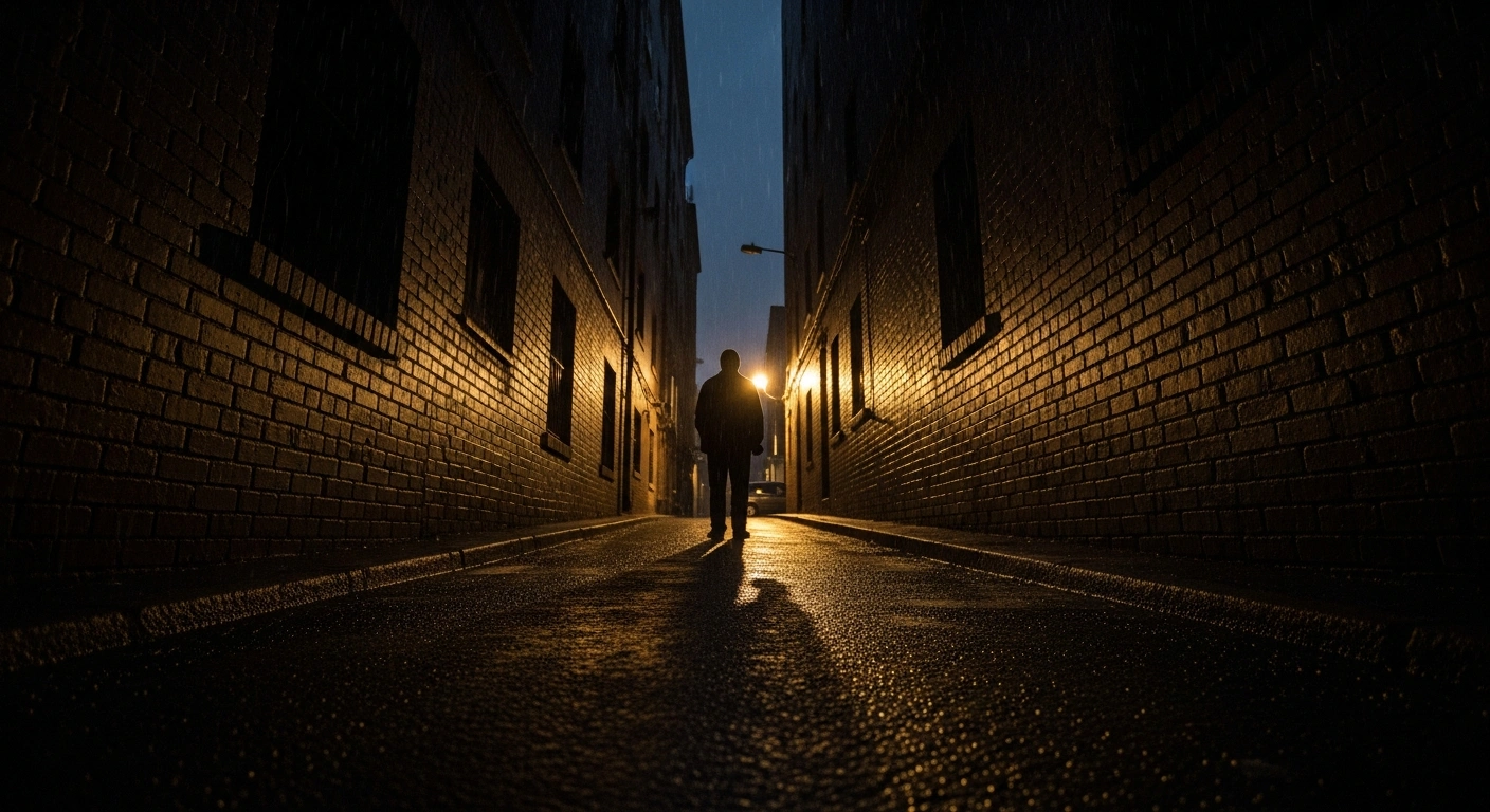 A lone, silhouetted figure stands at the entrance of a dark, rain-slicked urban alleyway, illuminated by a distant, flickering streetlamp, creating long, ominous shadows.