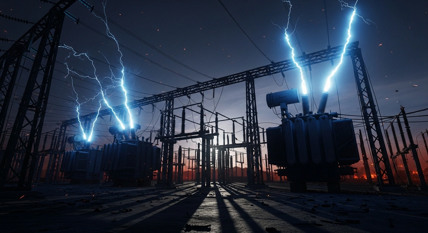 Damaged electrical power infrastructure in Crimea shows sparks and smoke following a targeted strike on regional energy facilities.