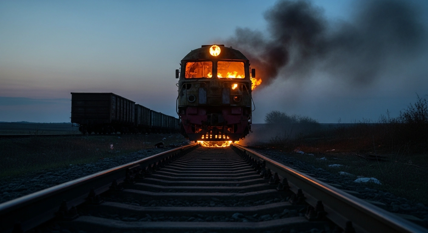 A damaged freight train sits on the tracks in the Dzhankoy district of Crimea following a drone strike that caused significant destruction to the locomotive.