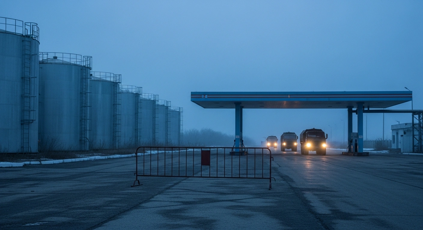A deserted fuel station in occupied Crimea is blocked off to civilians while military trucks wait to receive fuel supplies.