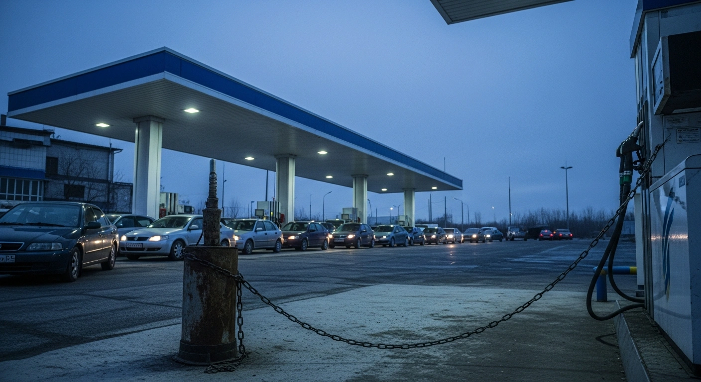 A long line of vehicles waits at a gas station in Crimea where fuel rationing measures have been implemented following infrastructure strikes.