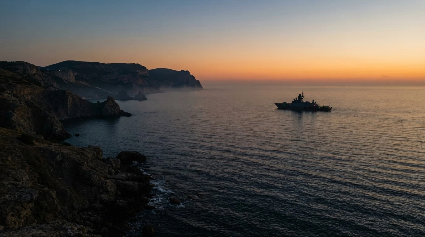 A maritime patrol vessel monitors the restricted waters off the southwestern coast of Crimea during a temporary navigation prohibition.