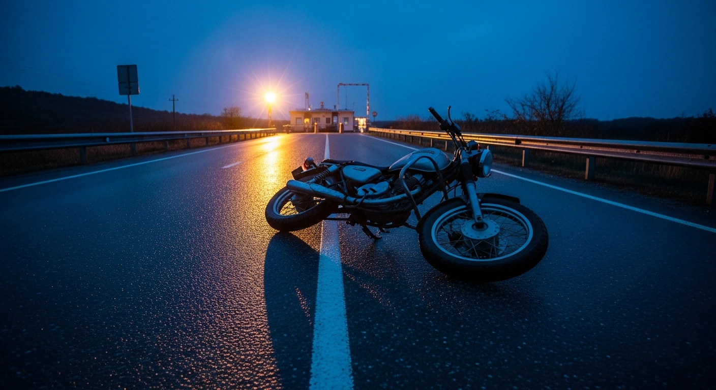 A lone motorcycle sits parked on a dark, empty road in Crimea at night, representing the new security ban on motorized vehicles.