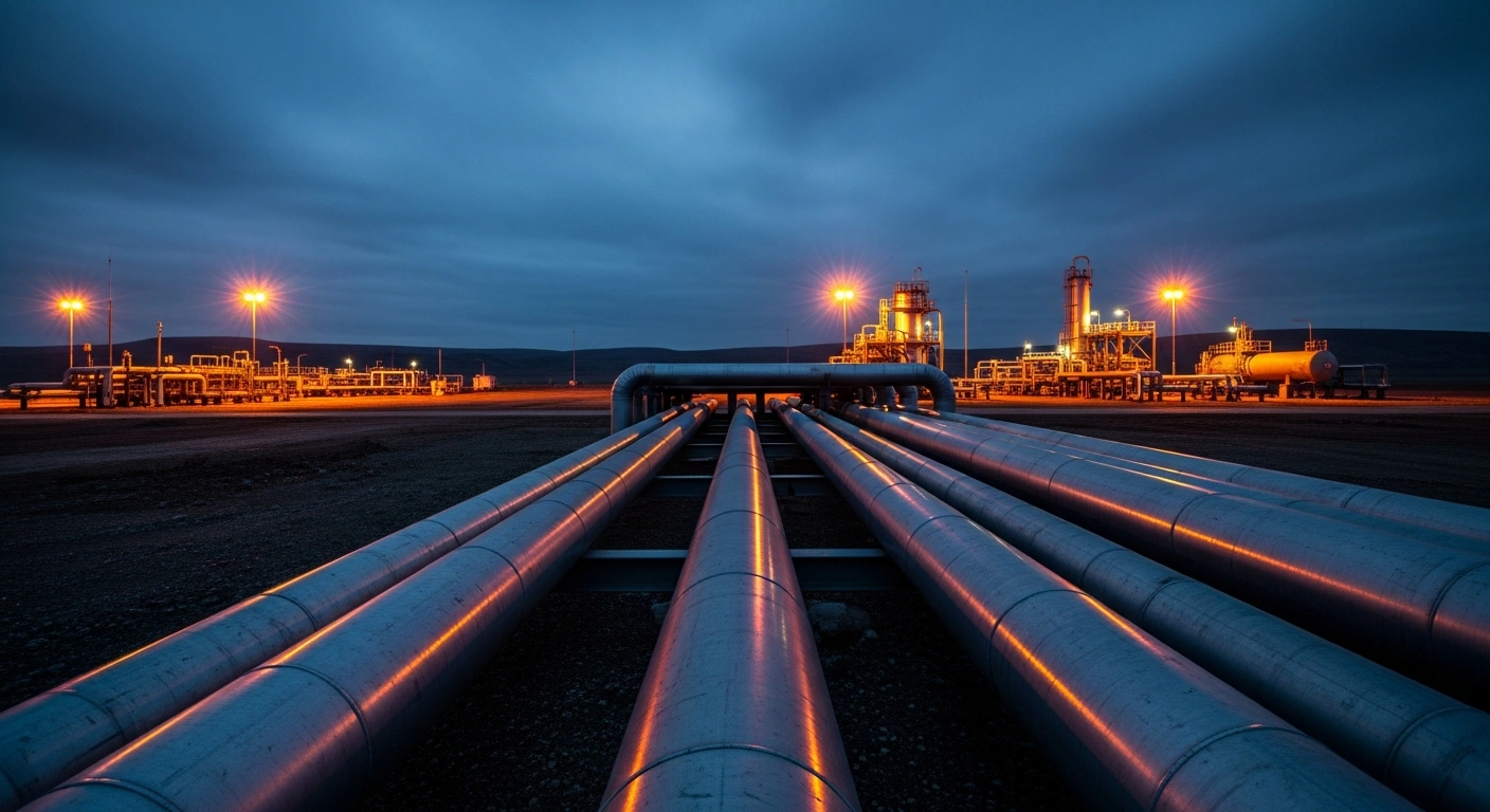 A large industrial petroleum storage facility with extensive pipeline networks is shown under a twilight sky to represent the development of a secure fuel supply system for Crimea.