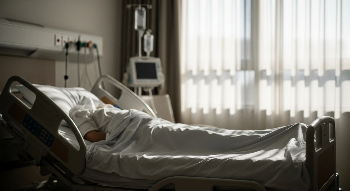 A serene image depicting a figure, representing former Argentine President Cristina Fernández de Kirchner, resting peacefully in a sunlit hospital room after emergency laparoscopic surgery, conveying her stable condition and recovery.