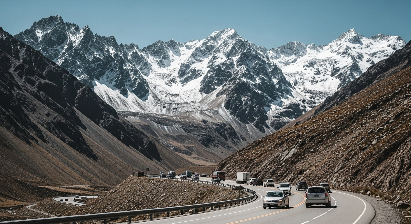 Vehicles travel along the reopened Cristo Redentor International Pass through the snow-capped Andes mountains between Argentina and Chile.