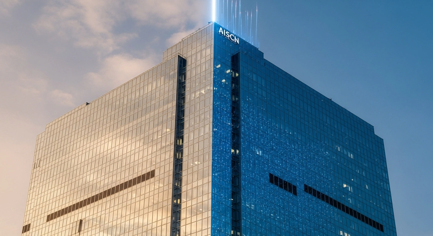 A photorealistic image of a sleek, modern corporate skyscraper, representing Criteo S.A., with its glass facade reflecting a dual sky: a soft European dawn on one side and a dynamic, electric glow symbolizing U.S. capital markets on the other, illustrating the company's strategic legal domicile transfer from France to Luxembourg and its move to a Nasdaq listing.