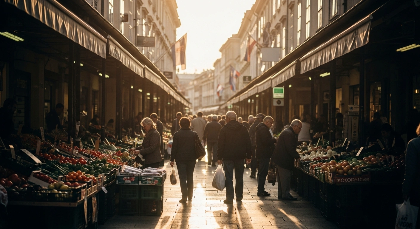 A vibrant Croatian marketplace scene represents the stabilization of the country's annual inflation rate in June 2026.