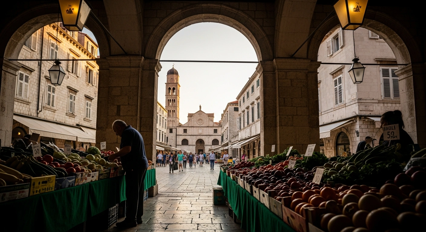 A merchant at a Croatian marketplace represents the stabilization of consumer prices as the national inflation rate slows in June 2026.