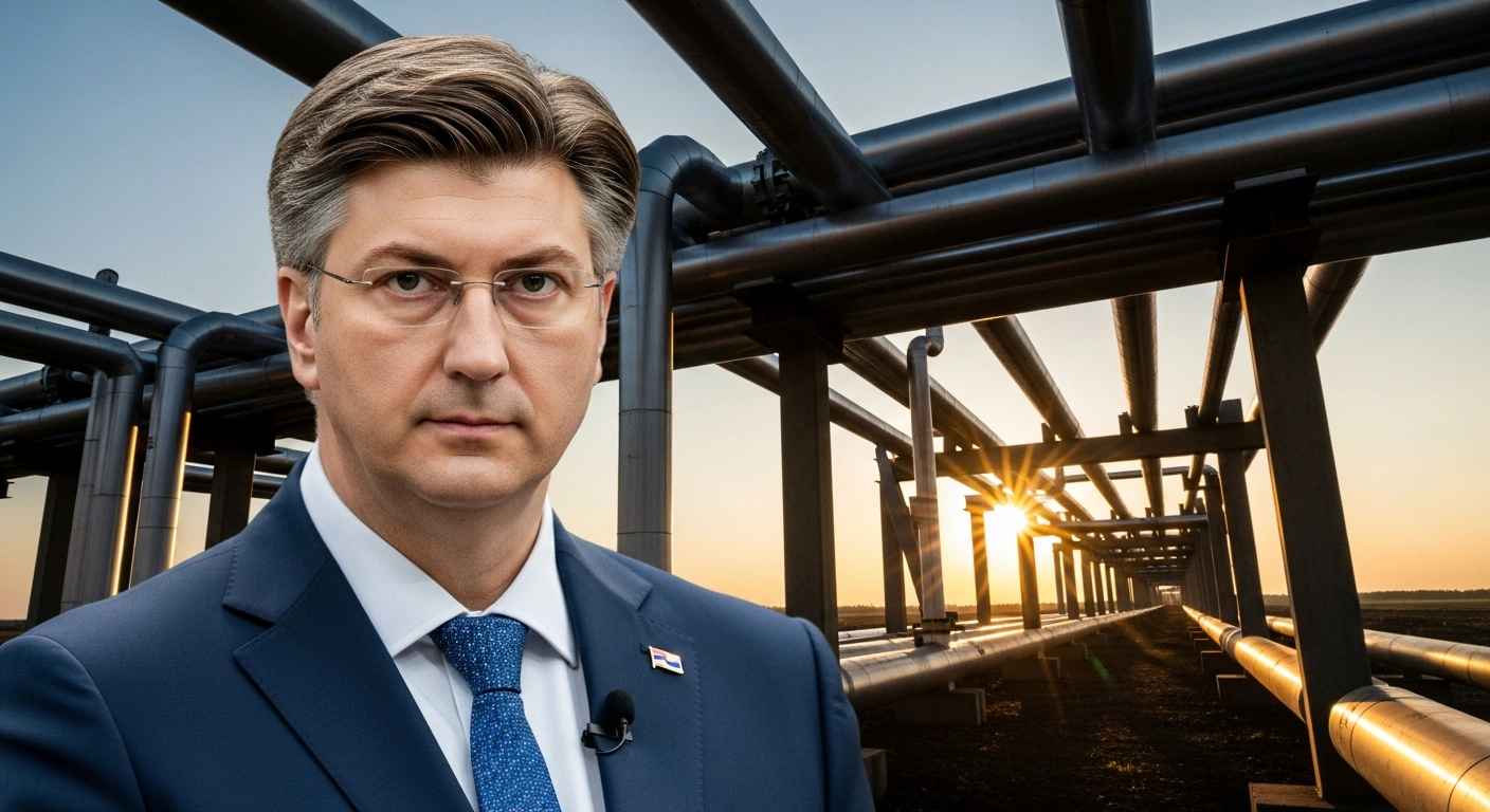 A confident figure, representing Croatian Prime Minister Andrej Plenković, stands before a vast, gleaming Adriatic oil pipeline network, symbolizing JANAF's ample capacity to replace Russian crude shipments to Hungary, refuting claims of energy dependence.