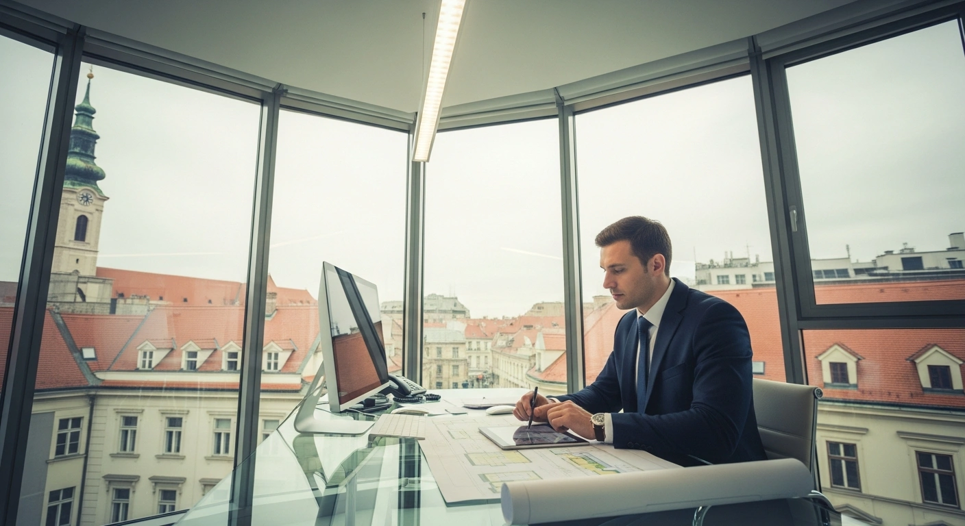 A professional real estate agent reviews property documents in a modern office, representing the new Croatian real estate brokerage regulations.